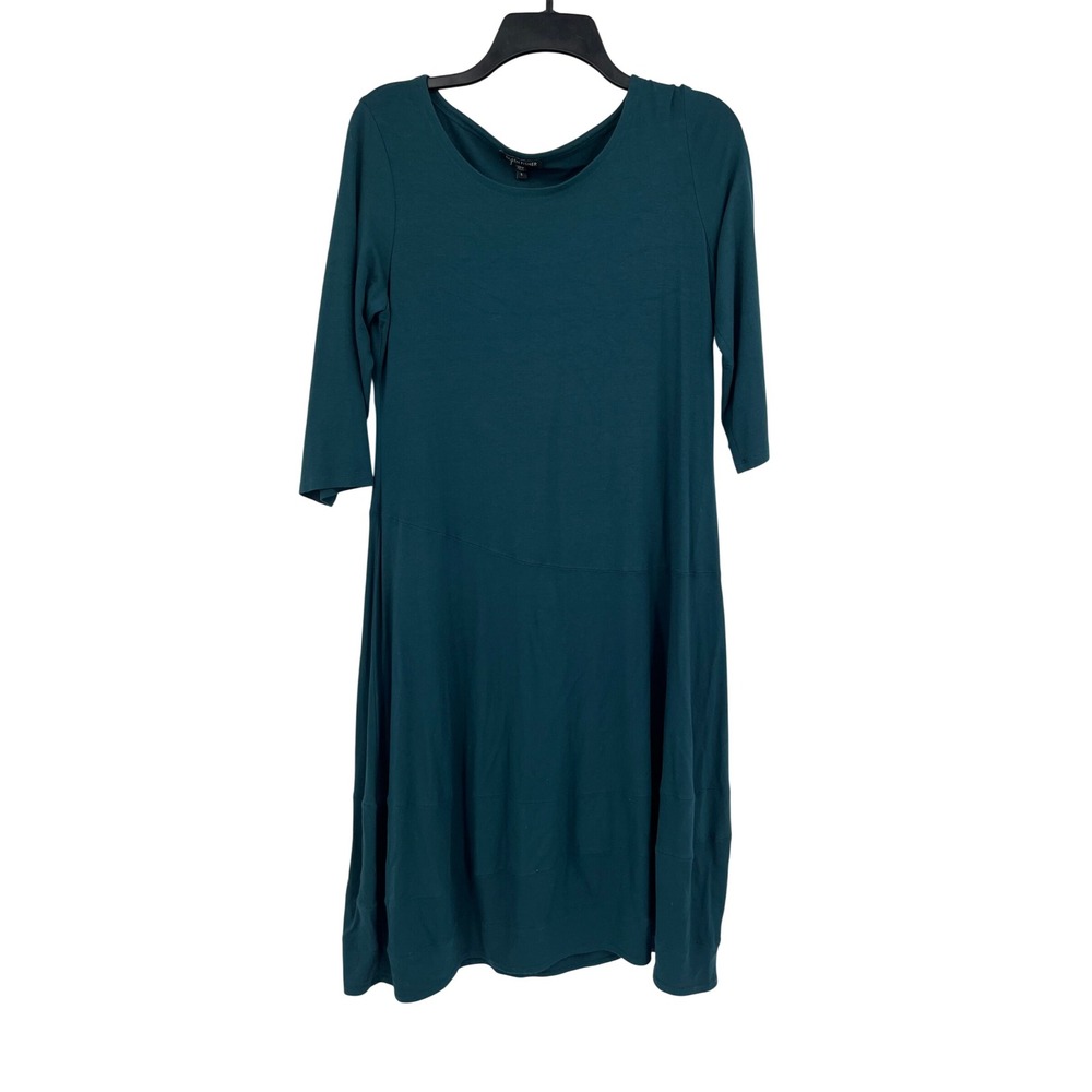 Eileen Fisher Teal‎ Green Jersey Knit 3/4 Sleeve Seam Detail Midi Dress Size S